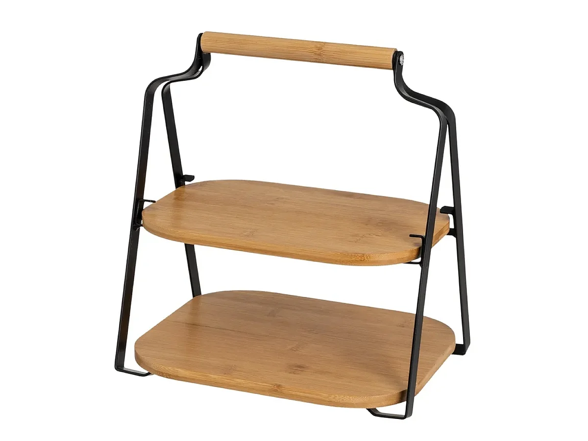 Plateau de service présentoir à 2 niveaux en métal noir et bambou - Longueur 26 X Largeur 20 X Hauteur 28 cm