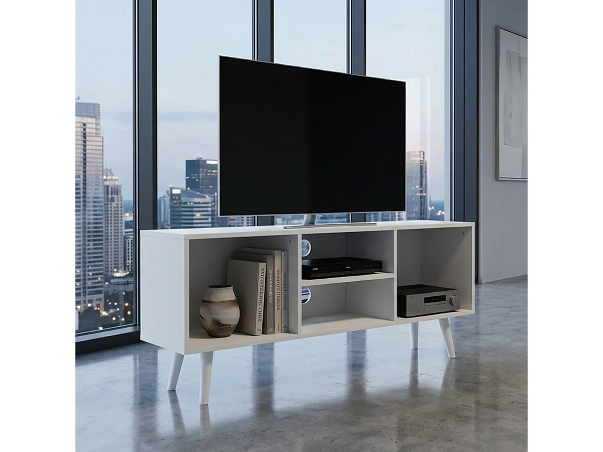 Meuble TV avec 4 compartiments ouverts coloris blanc - Longueur 110 x Largeur 29 x Hauteur 47cm