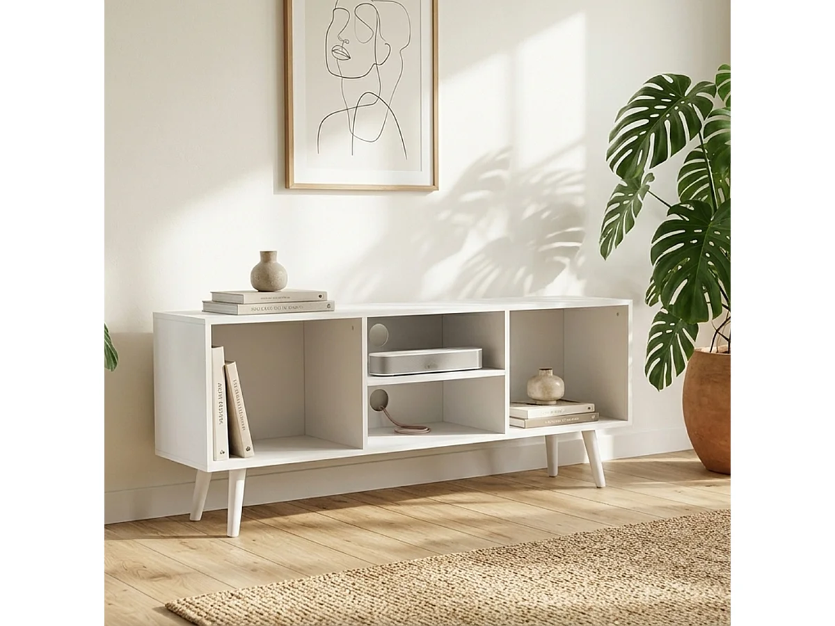 Meuble TV avec 4 compartiments ouverts coloris blanc - Longueur 110 x Largeur 29 x Hauteur 47cm