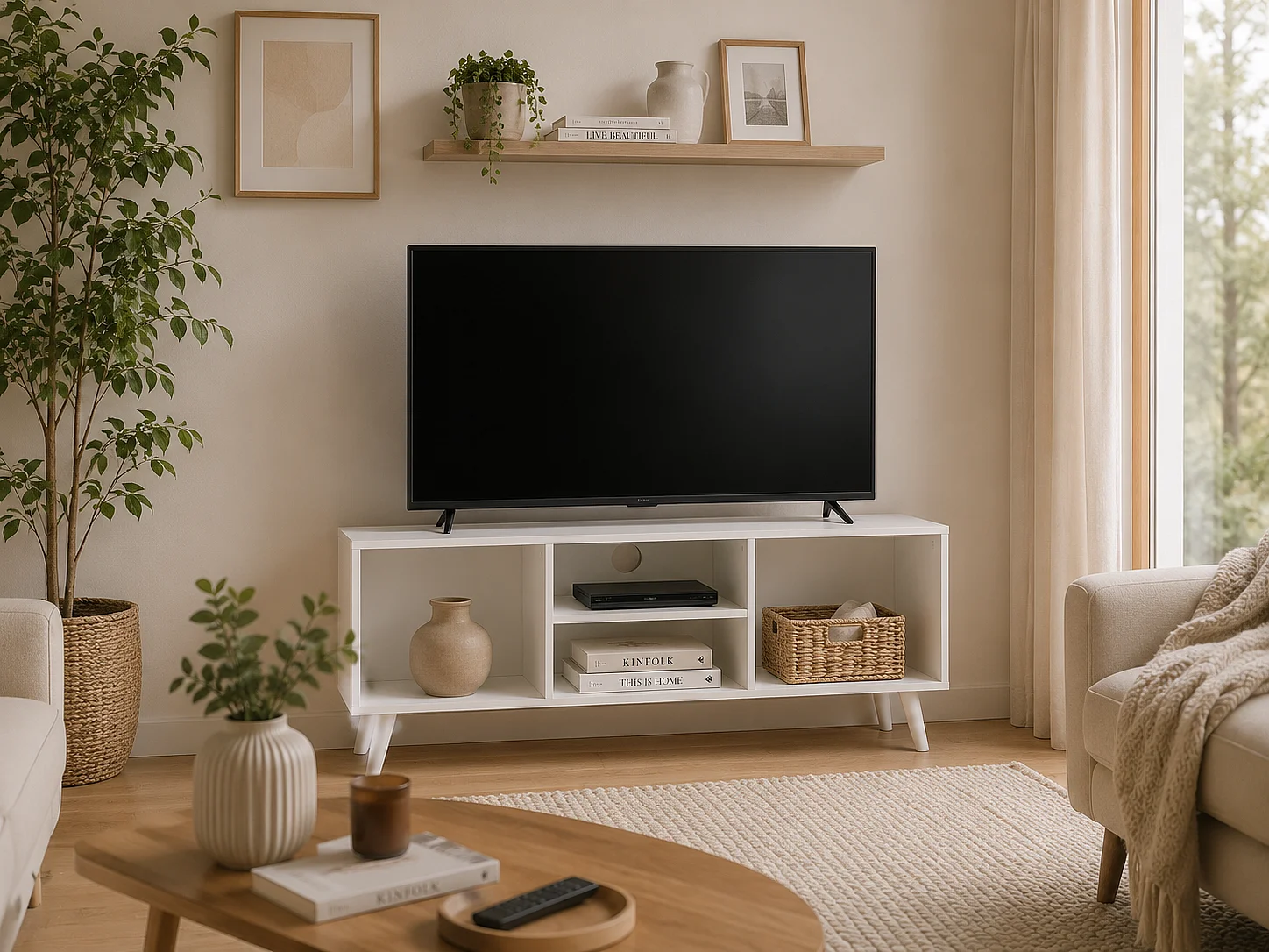 Meuble TV avec 4 compartiments ouverts coloris blanc - Longueur 110 x Largeur 29 x Hauteur 47cm