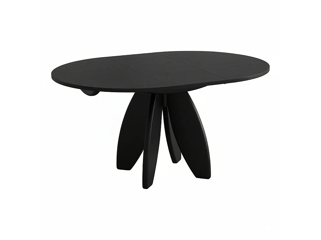 Table à manger ronde extensible 110cm 6 personnes Leaves plateau en placage de frêne teinté noir | Pied en frêne massif teinté noir
