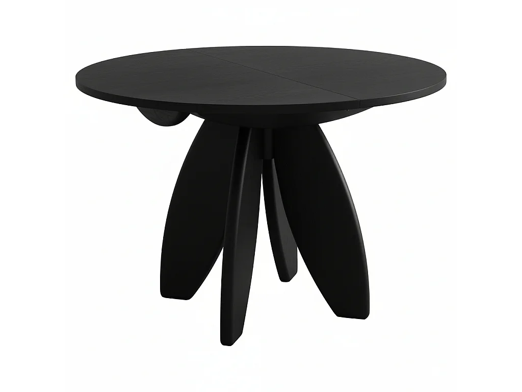 Table à manger ronde extensible 120cm 6 personnes Leaves plateau en placage de frêne teinté noir | Pied en frêne massif teinté noir