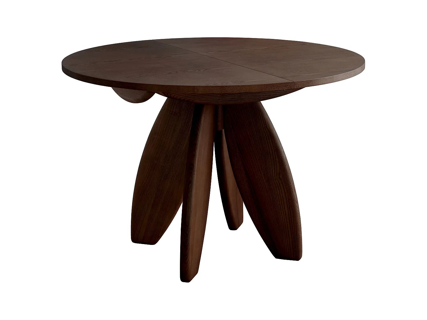 Table à manger ronde extensible 120cm 6 personnes Leaves plateau en placage de frêne teinté noyer | Pied en frêne massif teinté noyer
