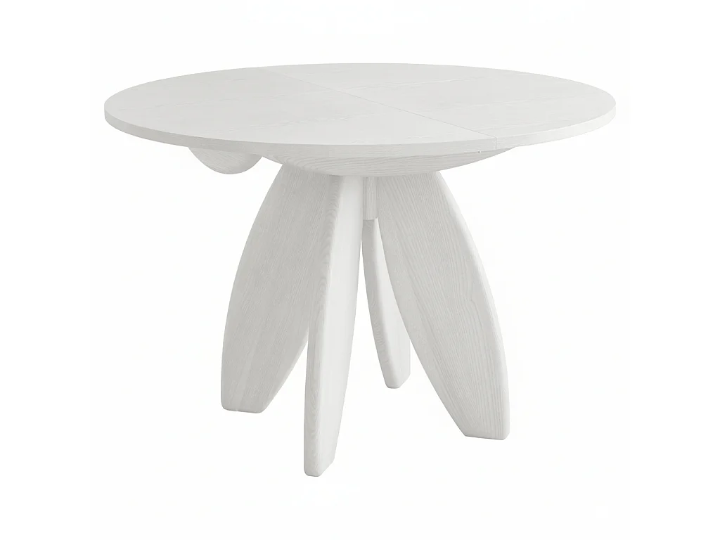 Table à manger ronde extensible 110cm 6 personnes Leaves plateau en placage de frêne teinté blanc | Pied en frêne massif teinté blanc