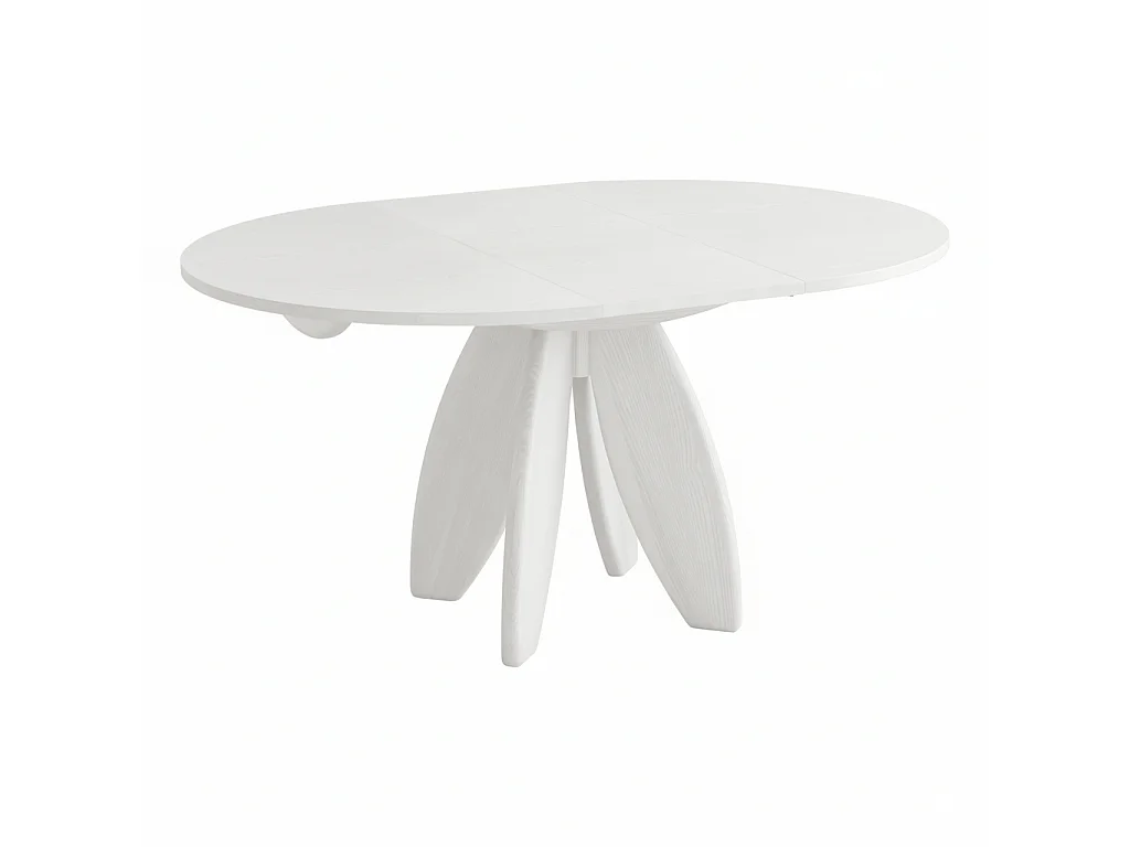 Table à manger ronde extensible 110cm 6 personnes Leaves plateau en placage de frêne teinté blanc | Pied en frêne massif teinté blanc