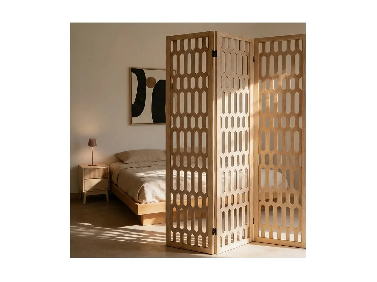 Paravent de 3 Pans en Bois Naturel, Séparateur de Pièce Pliable avec Motifs Géométriques Ajourés-Longueur 40 x Profondeur 2 x Hauteur 170 cm Juanio