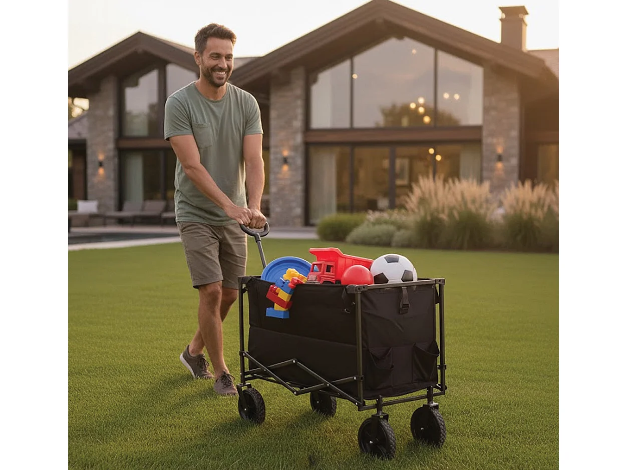 Chariot de jardin pliant et portable à roulettes pivotantes,coloris noir-Longueur 97 x Profondeur 51 x Hauteur 87/107 cm