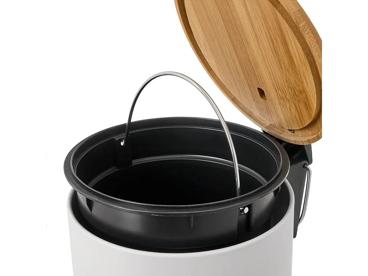 Poubelle de salle de bain en métal coloris blanc avec couvercle en bois naturel - diamètre 21 x Hauteur 26 cm