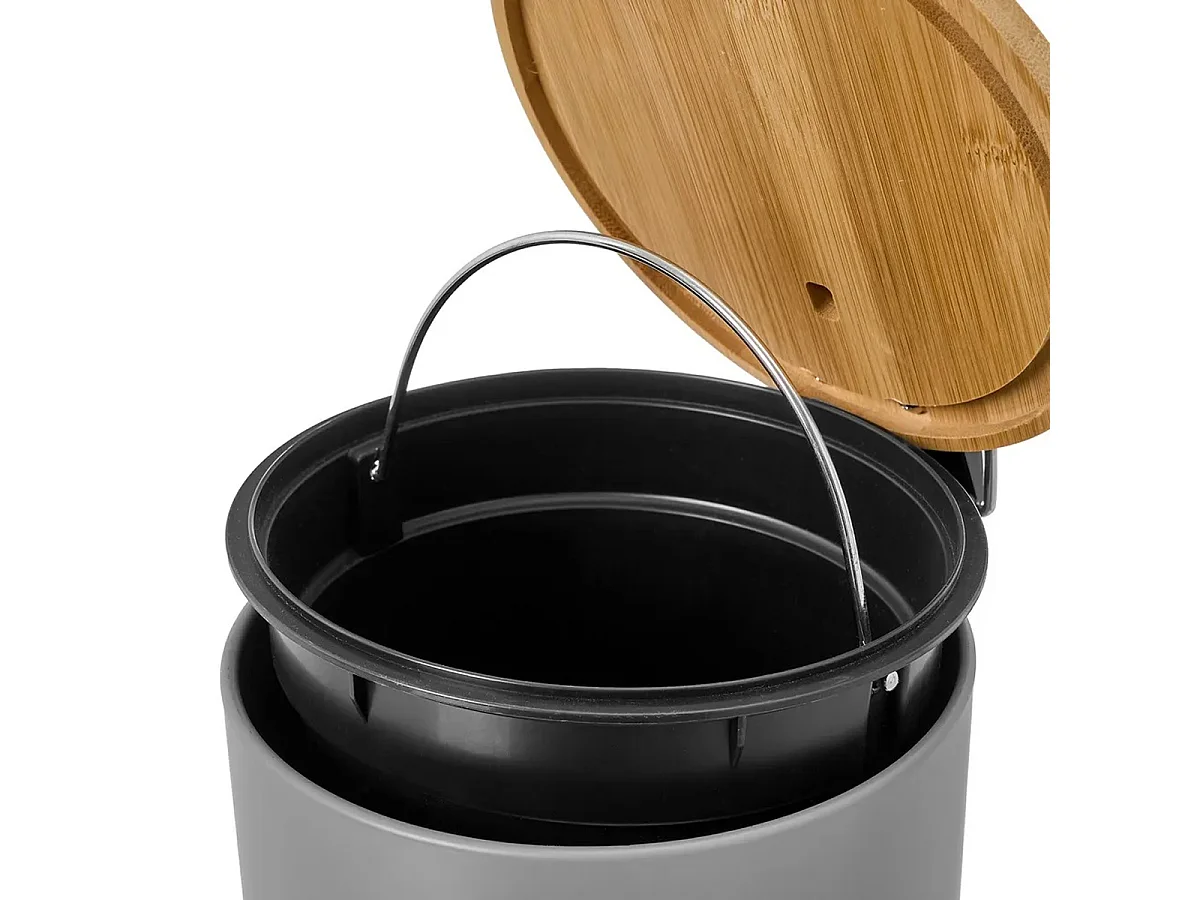 Poubelle de salle de bain en métal chromé avec couvercle en bois coloris naturel - diamètre 21 x Hauteur 26 cm