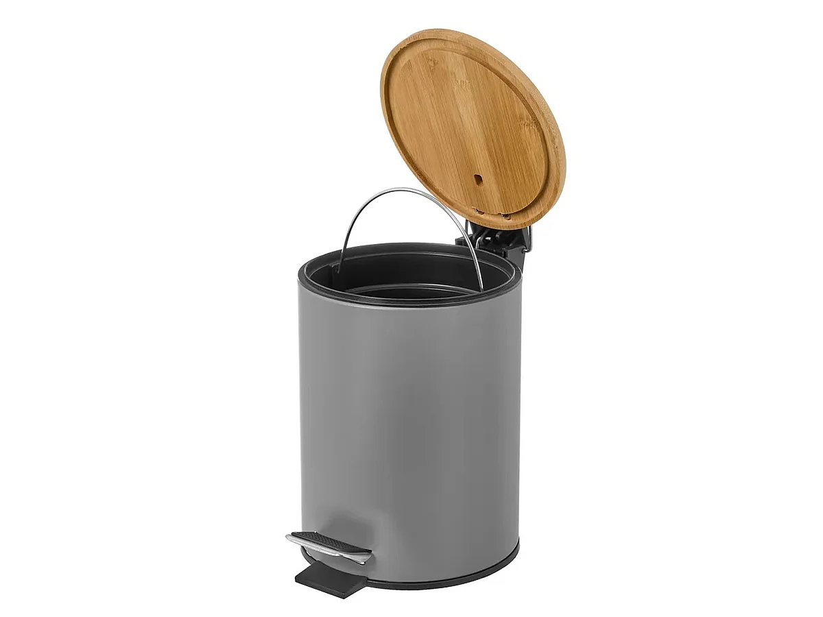 Poubelle de salle de bain en métal chromé avec couvercle en bois coloris naturel - diamètre 21 x Hauteur 26 cm