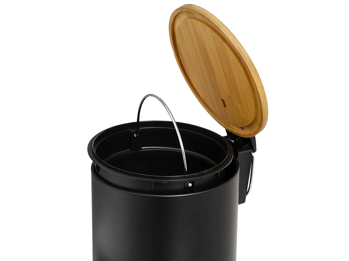 Poubelle de salle de bain en métal noir avec couvercle en bois coloris naturel - diamètre 21 x Hauteur 26 cm