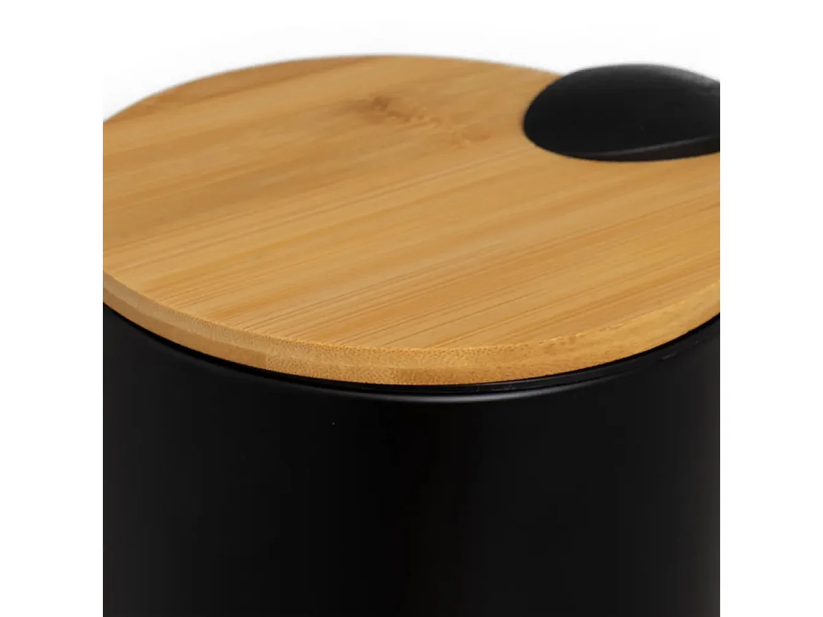 Poubelle de salle de bain en métal noir avec couvercle en bois coloris naturel - diamètre 21 x Hauteur 26 cm