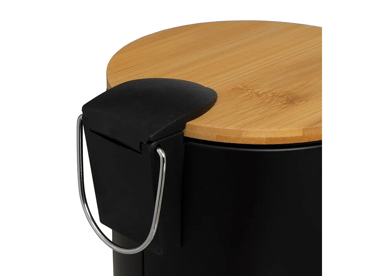 Poubelle de salle de bain en métal noir avec couvercle en bois coloris naturel - diamètre 21 x Hauteur 26 cm