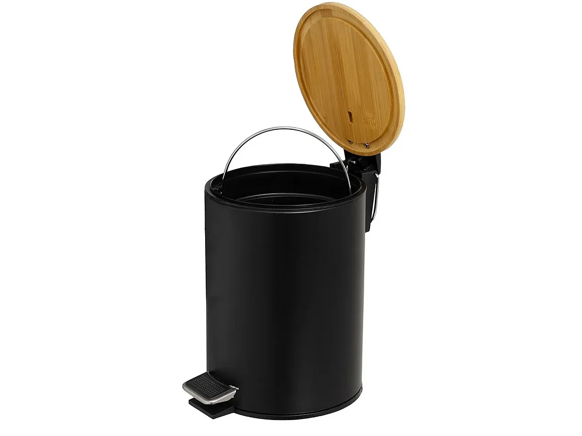 Poubelle de salle de bain en métal noir avec couvercle en bois coloris naturel - diamètre 21 x Hauteur 26 cm
