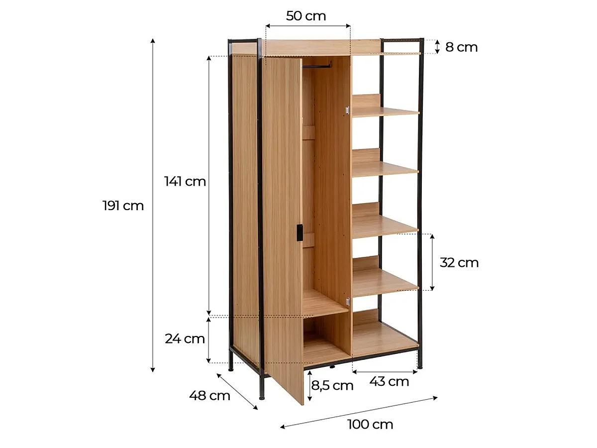armoire de rangement avec penderie et étagères Coloris Chêne naturel et noir mat - Longueur 100 x Profondeur 48 x Hauteur 190 cm