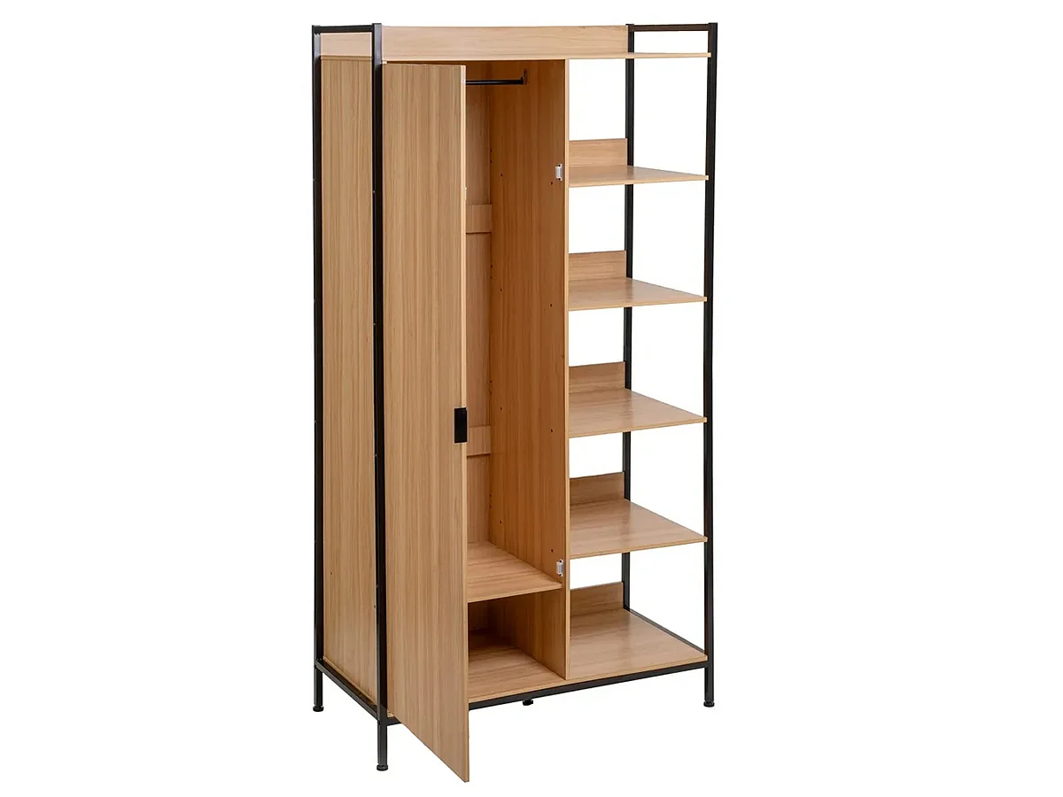 armoire de rangement avec penderie et étagères Coloris Chêne naturel et noir mat - Longueur 100 x Profondeur 48 x Hauteur 190 cm
