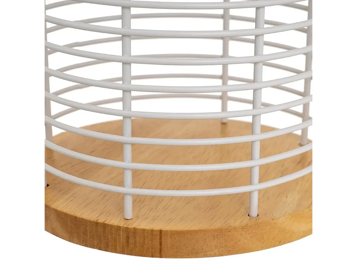 Porte-ustensiles de cuisine range ustensiles en métal blanc et socle en bois - Longueur 14 X Largeur 14 X Hauteru 17 CM