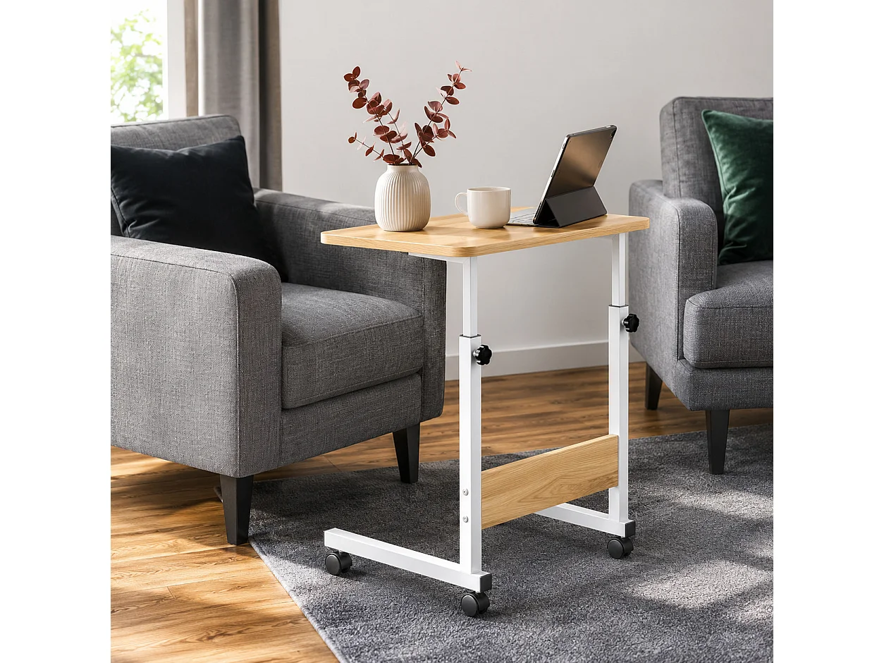 Bout de Canapé Mobile,Support PC Réglable en Hauteur en Métal Blanche avec Roulettes-Longueur 60x Profondeur 40 x Hauteur 65-89 cm