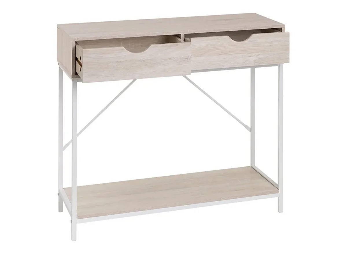 Meuble console, table console avec 2 tiroirs en bois coloris naturel et métal blanc - Longueur 80 x Profondeur 30 x Hauteur 75 cm