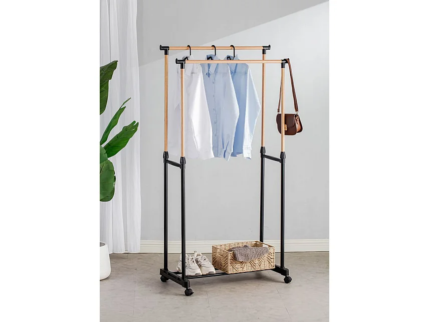 Portant double à vêtement extensible avec étagère,Portant sur roulettes réglable en hauteur - Longueur 80 x Largeur 43 x Hauteur 90-160cm
