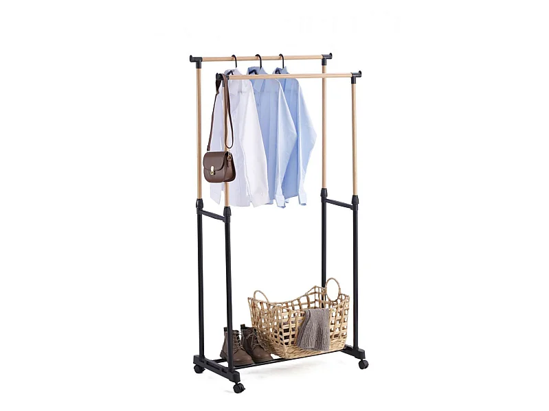Portant double à vêtement extensible avec étagère,Portant sur roulettes réglable en hauteur - Longueur 80 x Largeur 43 x Hauteur 90-160cm