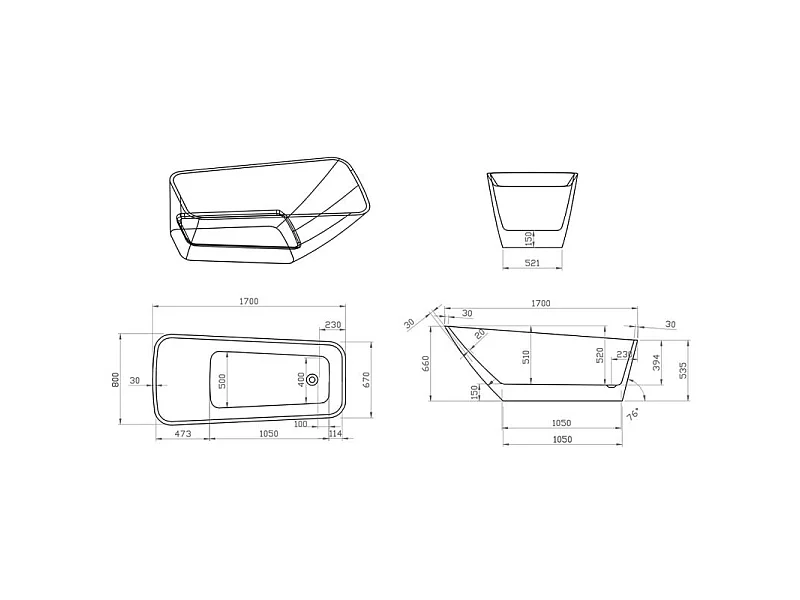 Baignoire îlot Vico - 170 x 80 x 66 cm