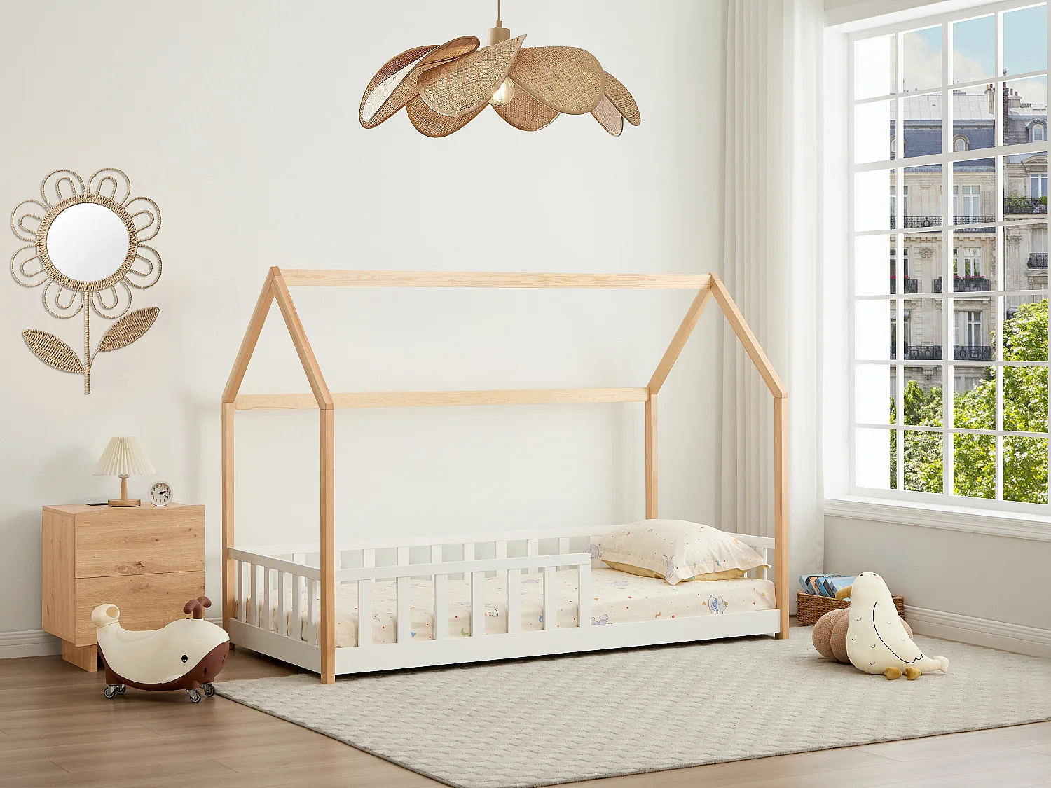 Lit cabane 90 x 190 cm - Pin - Coloris : Naturel et blanc + Matelas - MARTEVI