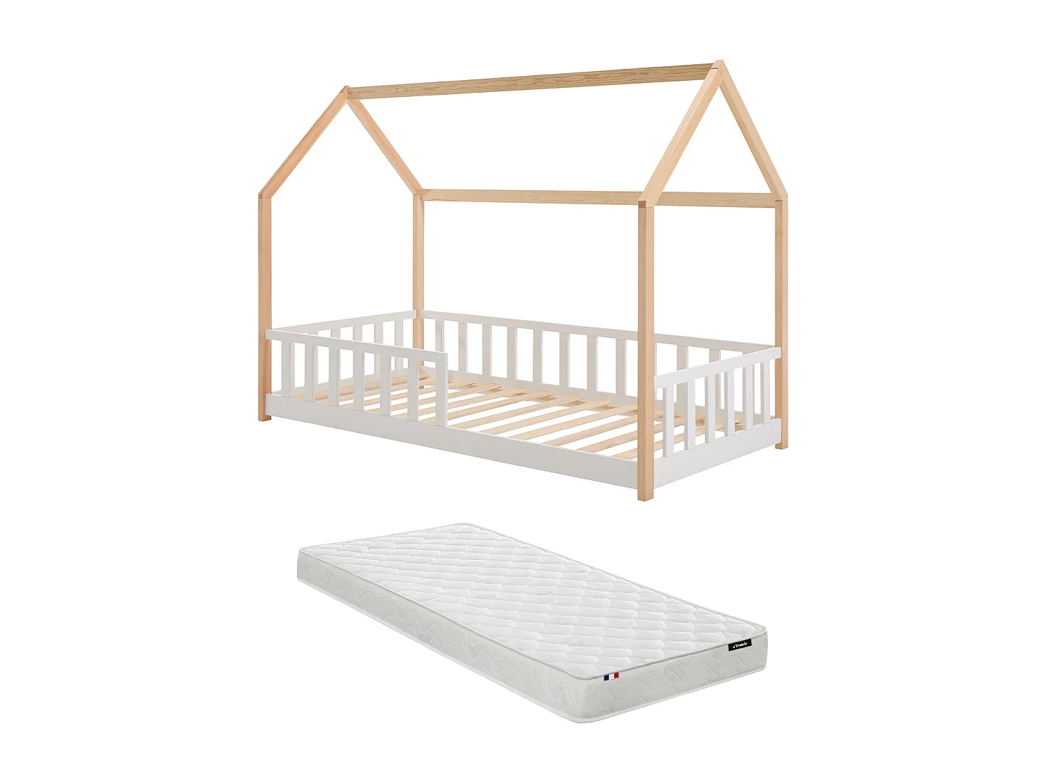 Lit cabane 90 x 190 cm - Pin - Coloris : Naturel et blanc + Matelas - MARTEVI