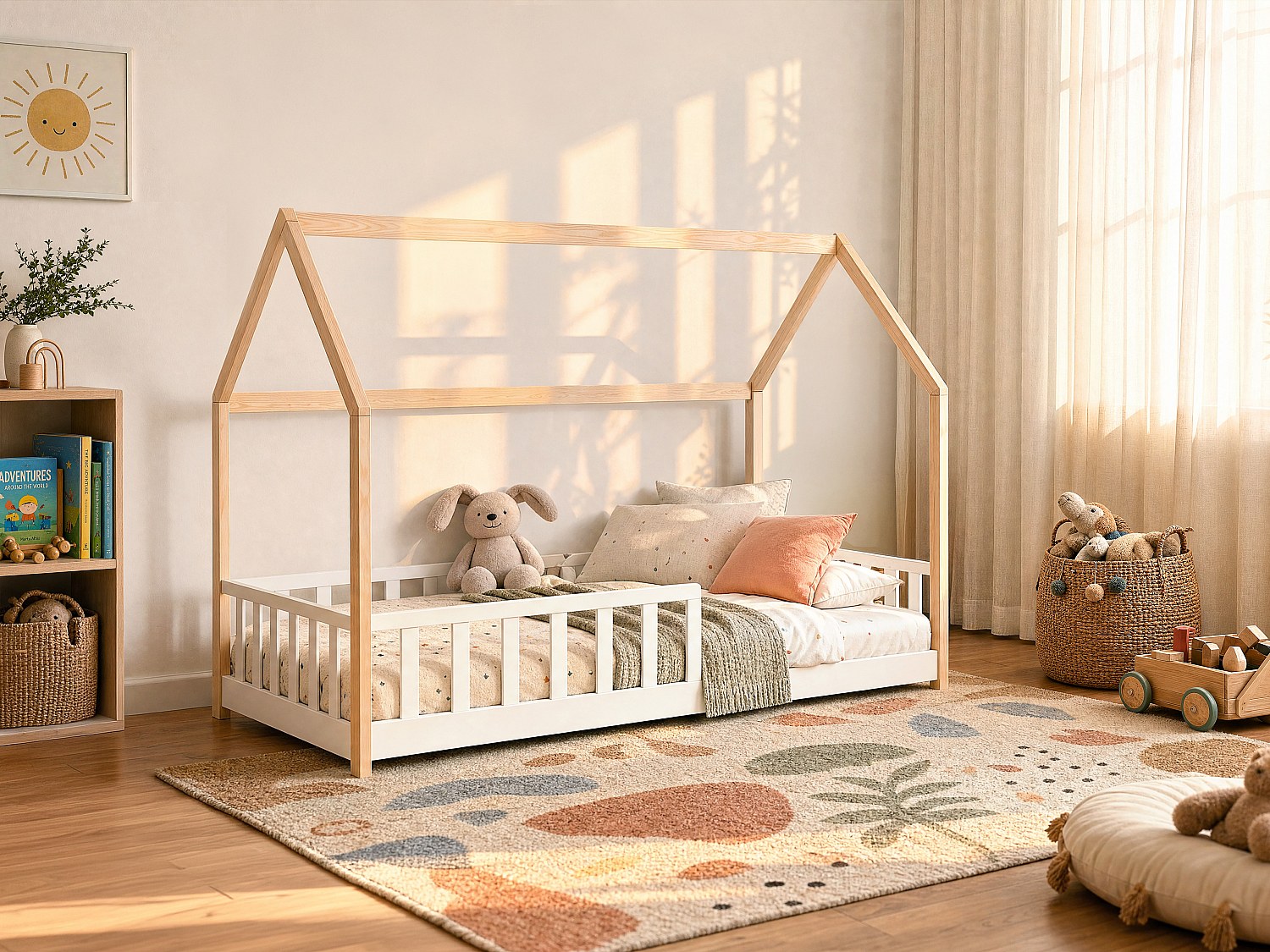 Hausbett 90 x 190 cm - Kiefer - Farbe: Natur und Weiß + Matratze MARTEVI