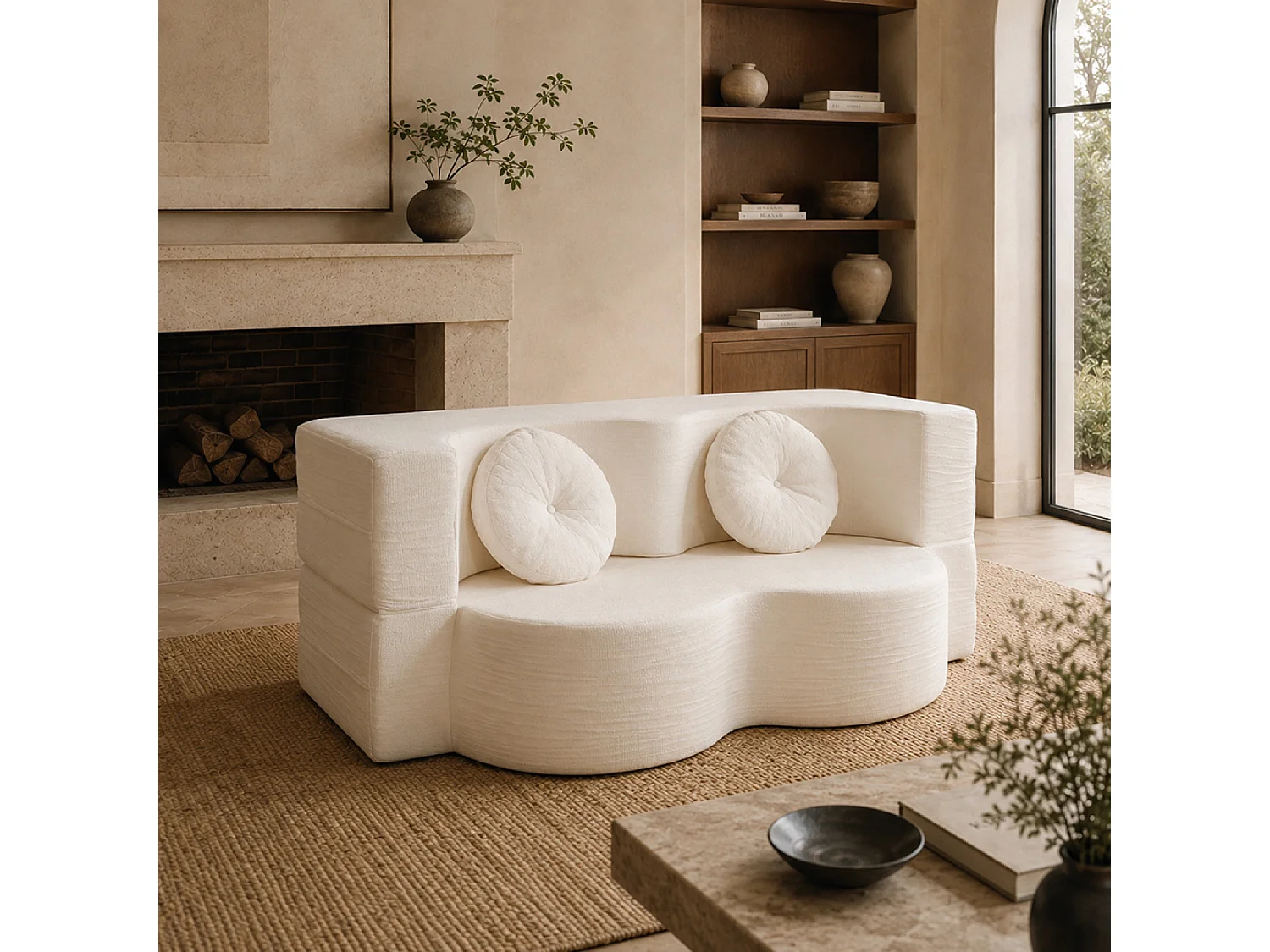 Canapé compressé convertible 2 places en velours beige PRESTON
