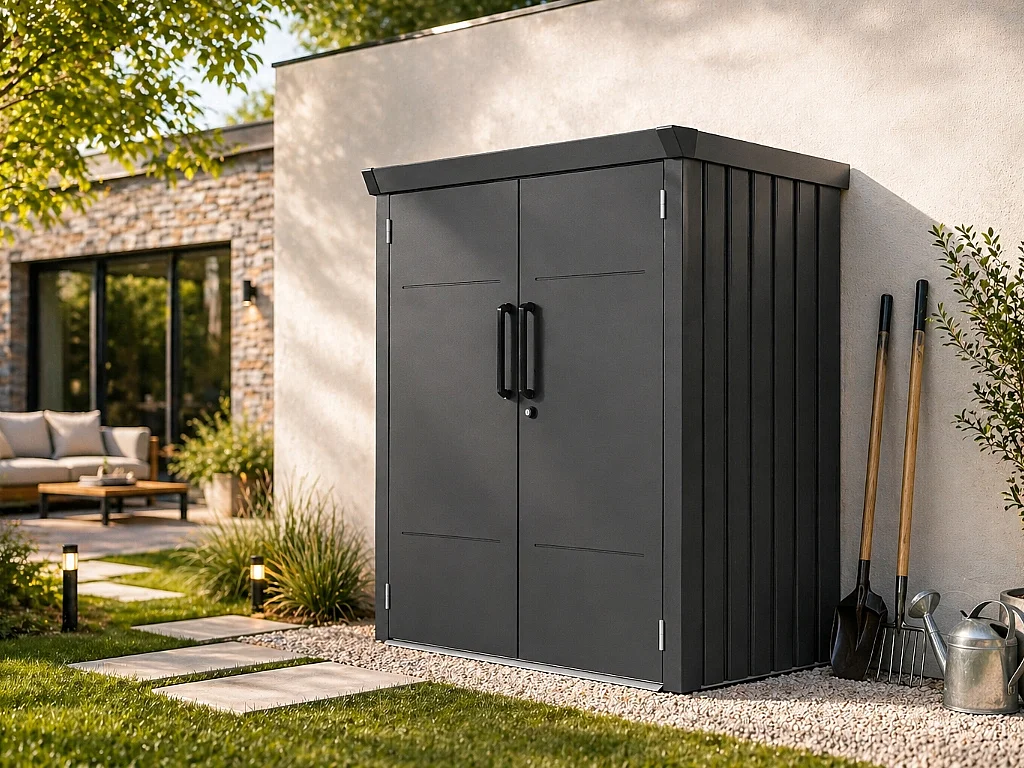 Armoire de rangement de jardin en acier galvanisé anthracite avec lot de 2 étagères 1,88 m³ - L133 x P94 x H151 cm - NORISA