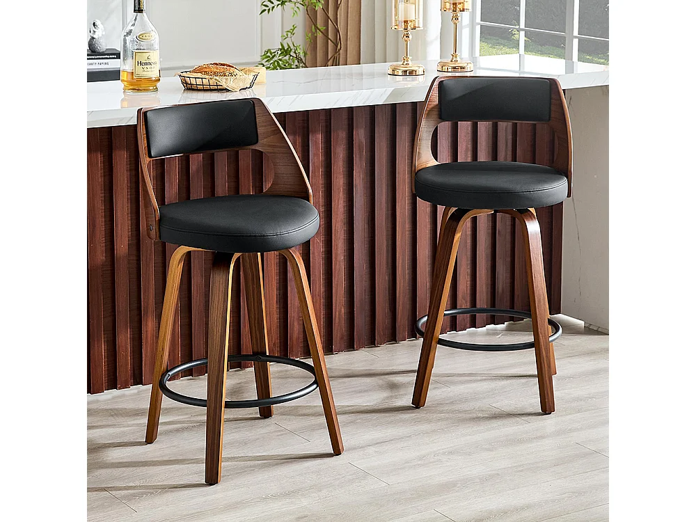 Conjunto de 2 bancos de bar com encosto, estrutura em madeira, couro PU, 92 cm, bancos de bar, preto