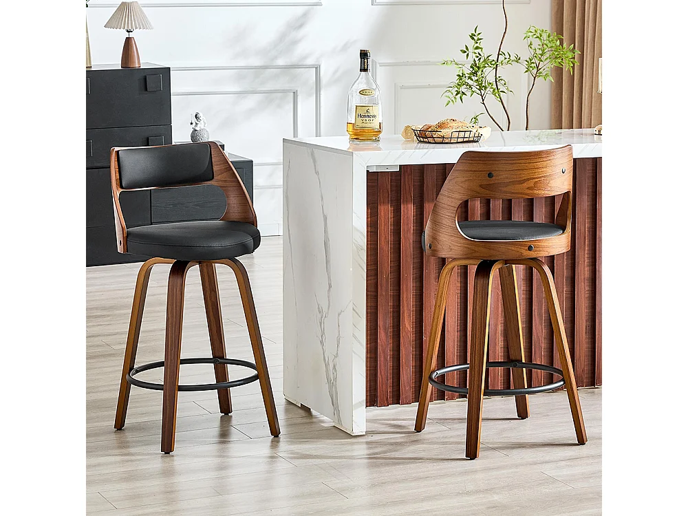 Conjunto de 2 bancos de bar com encosto, estrutura em madeira, couro PU, 92 cm, bancos de bar, preto