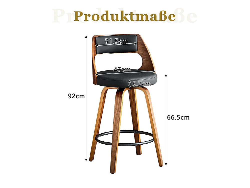 Conjunto de 2 bancos de bar com encosto, estrutura em madeira, couro PU, 92 cm, bancos de bar, preto