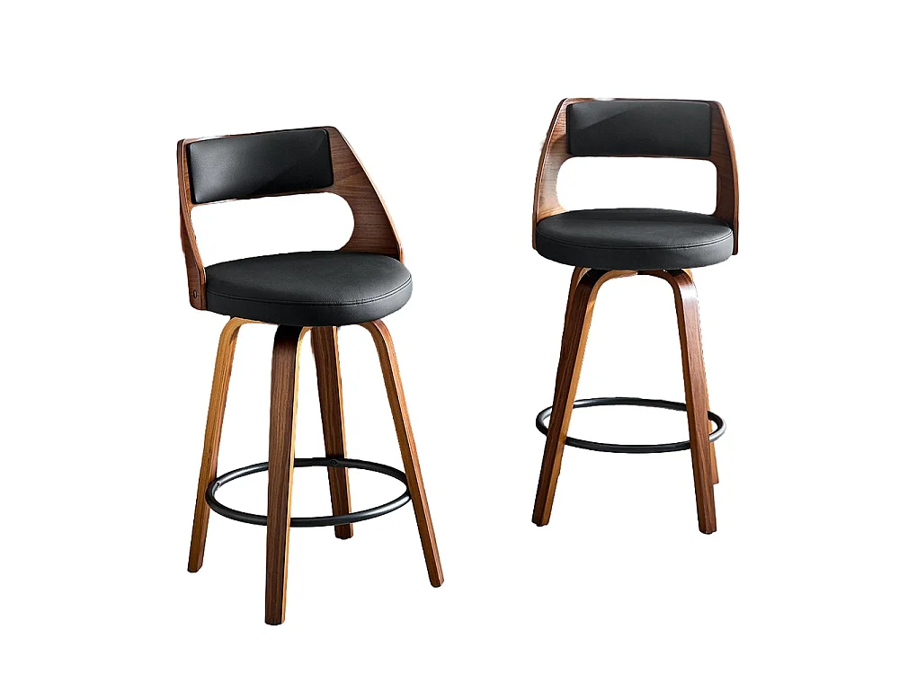 Conjunto de 2 bancos de bar com encosto, estrutura em madeira, couro PU, 92 cm, bancos de bar, preto