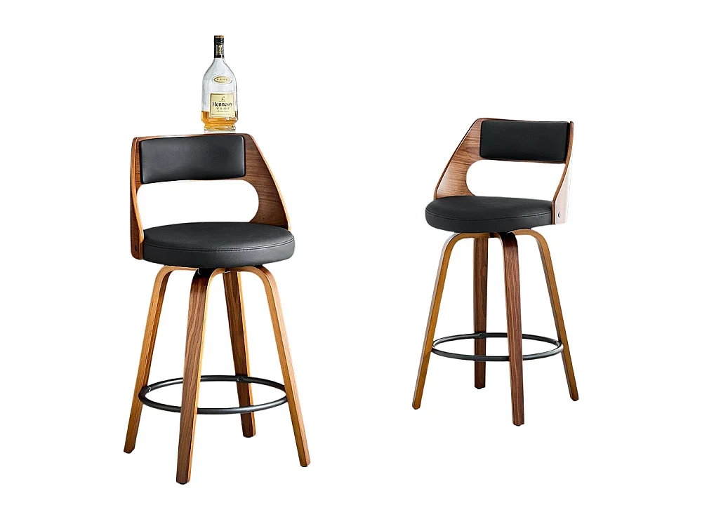 Conjunto de 2 bancos de bar com encosto, estrutura em madeira, couro PU, 92 cm, bancos de bar, preto