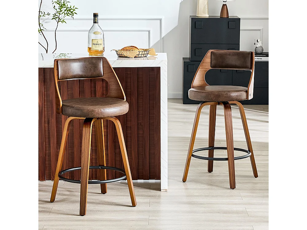 Conjunto de 2 bancos de bar com encosto, estrutura em madeira, couro PU, 92 cm, bancos de bar, castanho