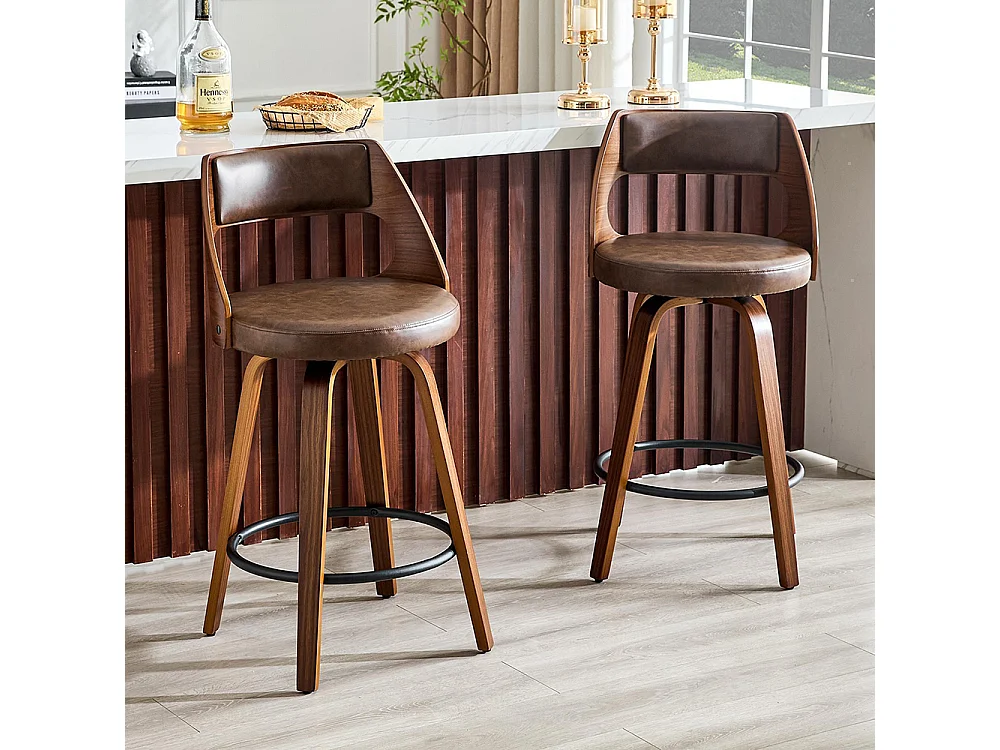 Conjunto de 2 bancos de bar com encosto, estrutura em madeira, couro PU, 92 cm, bancos de bar, castanho