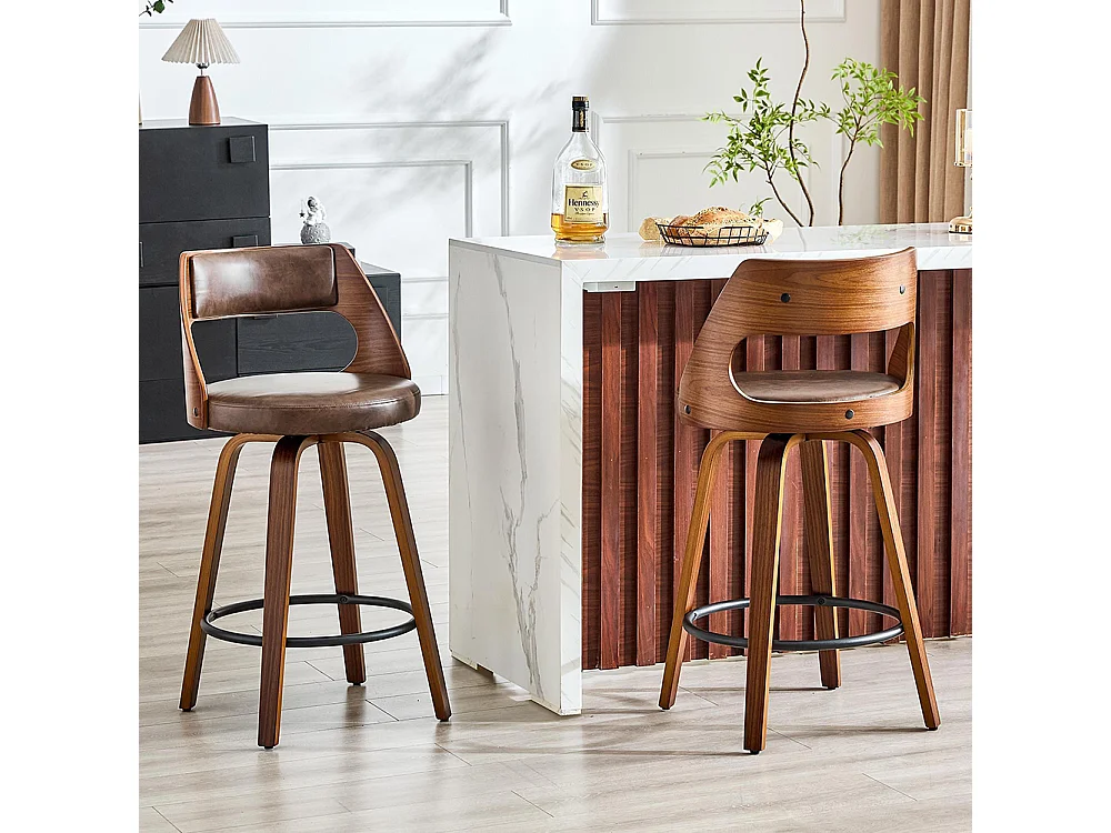 Conjunto de 2 bancos de bar com encosto, estrutura em madeira, couro PU, 92 cm, bancos de bar, castanho