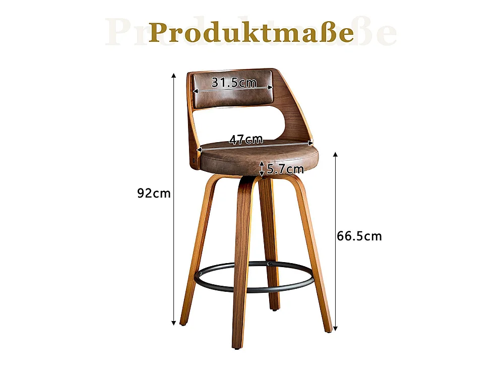 Conjunto de 2 bancos de bar com encosto, estrutura em madeira, couro PU, 92 cm, bancos de bar, castanho