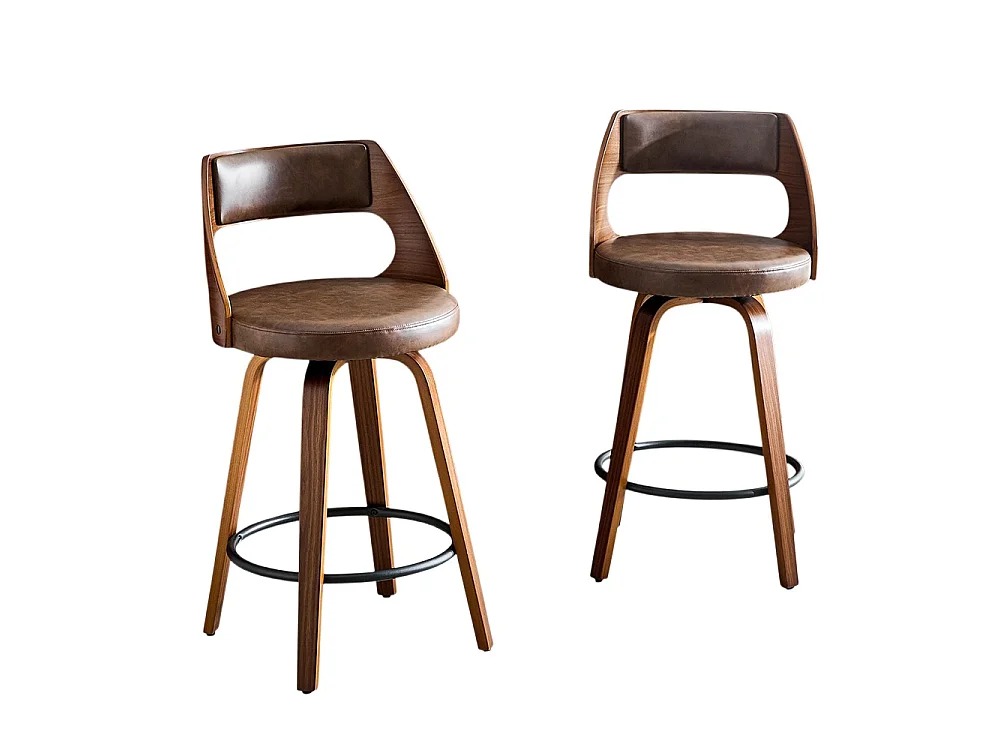 Conjunto de 2 bancos de bar com encosto, estrutura em madeira, couro PU, 92 cm, bancos de bar, castanho
