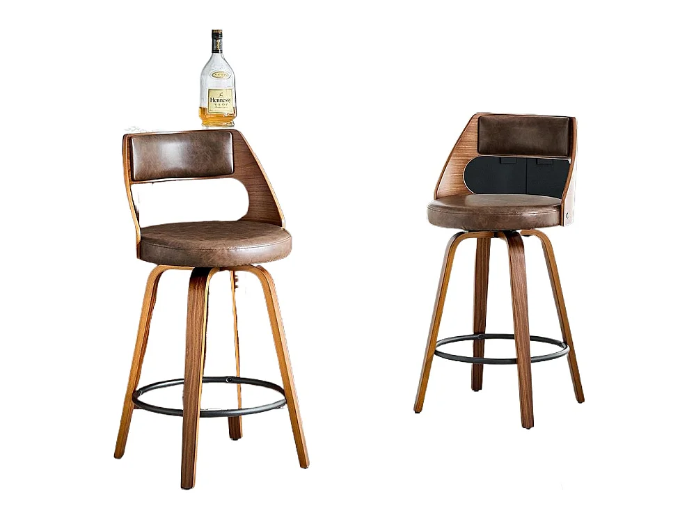 Conjunto de 2 bancos de bar com encosto, estrutura em madeira, couro PU, 92 cm, bancos de bar, castanho