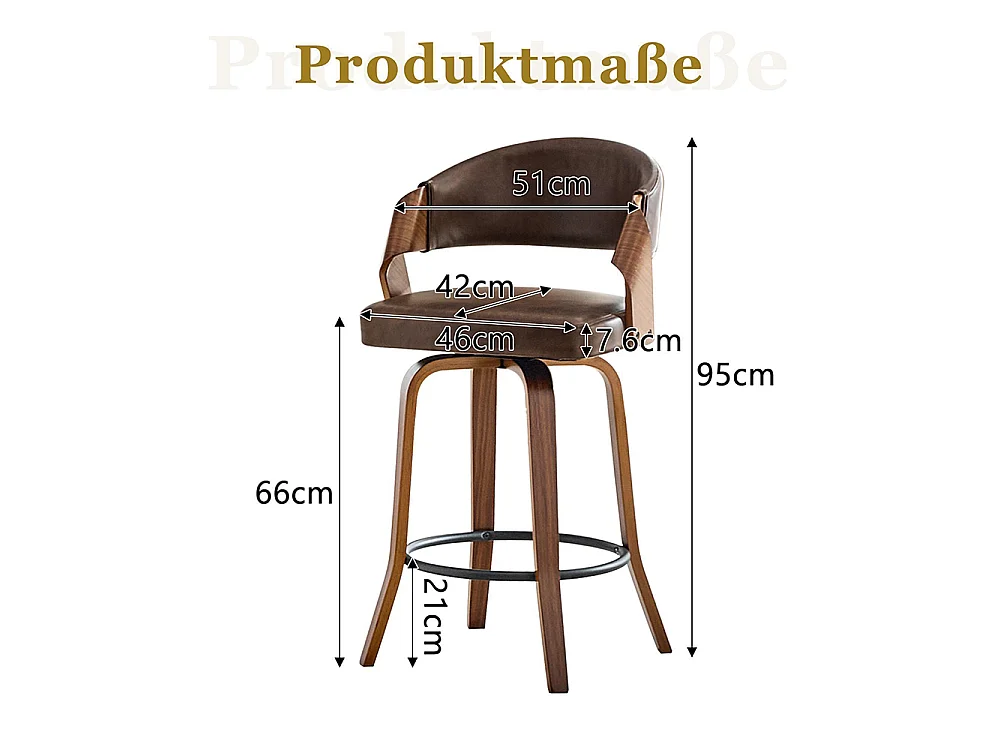 Lote de 2 bancos de bar com encosto, estrutura em madeira, couro PU, 95 cm, bancos de bar, castanho