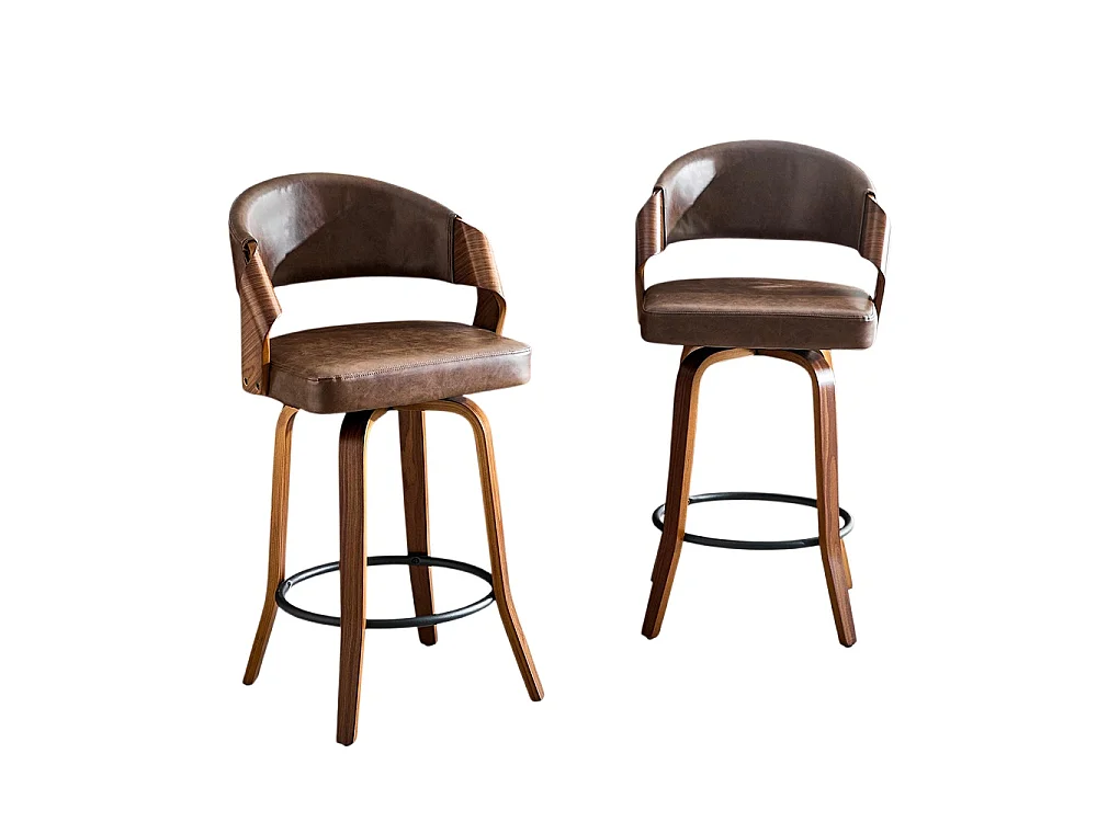 Lote de 2 bancos de bar com encosto, estrutura em madeira, couro PU, 95 cm, bancos de bar, castanho