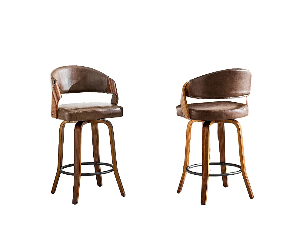 Lote de 2 bancos de bar com encosto, estrutura em madeira, couro PU, 95 cm, bancos de bar, castanho