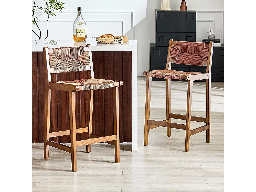 Lot de 2 tabourets tressés, en bois massif, cordage tressé à la main, style rustique, couleur Noix