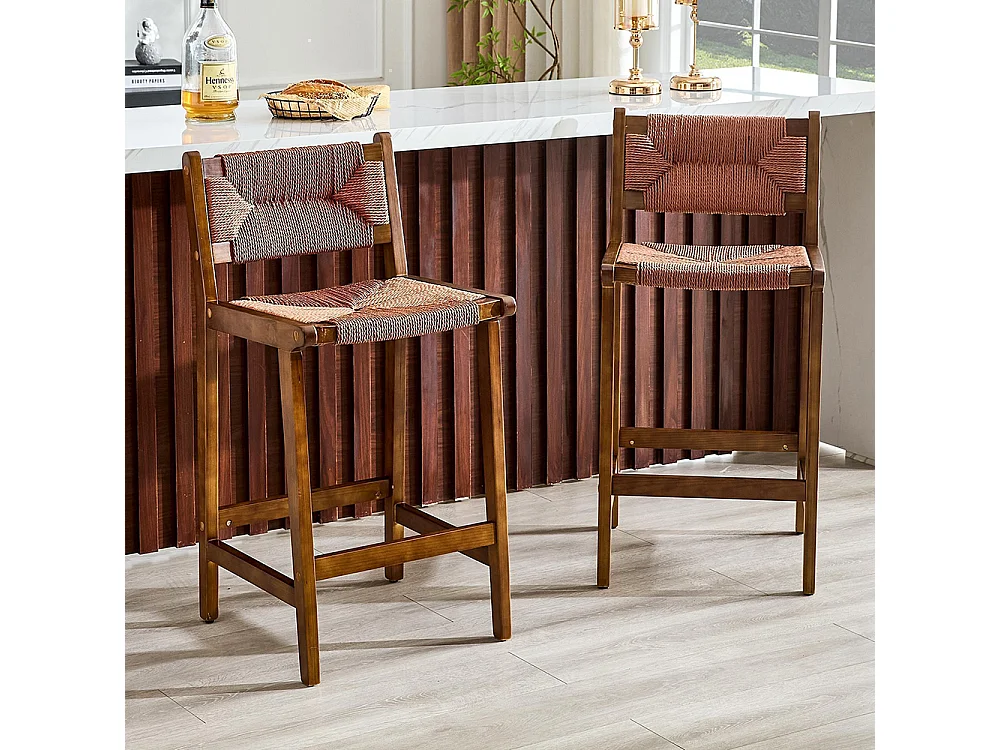 Lot de 2 tabourets tressés, en bois massif, cordage tressé à la main, style rustique, couleur Noix