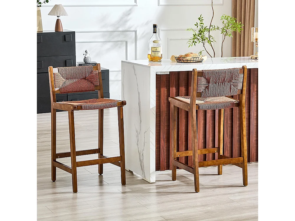 Lot de 2 tabourets tressés, en bois massif, cordage tressé à la main, style rustique, couleur Noix