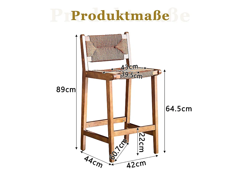 Lot de 2 tabourets tressés, en bois massif, cordage tressé à la main, style rustique, couleur Noix