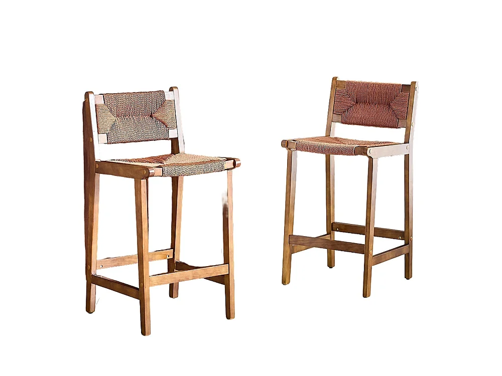 Lot de 2 tabourets tressés, en bois massif, cordage tressé à la main, style rustique, couleur Noix